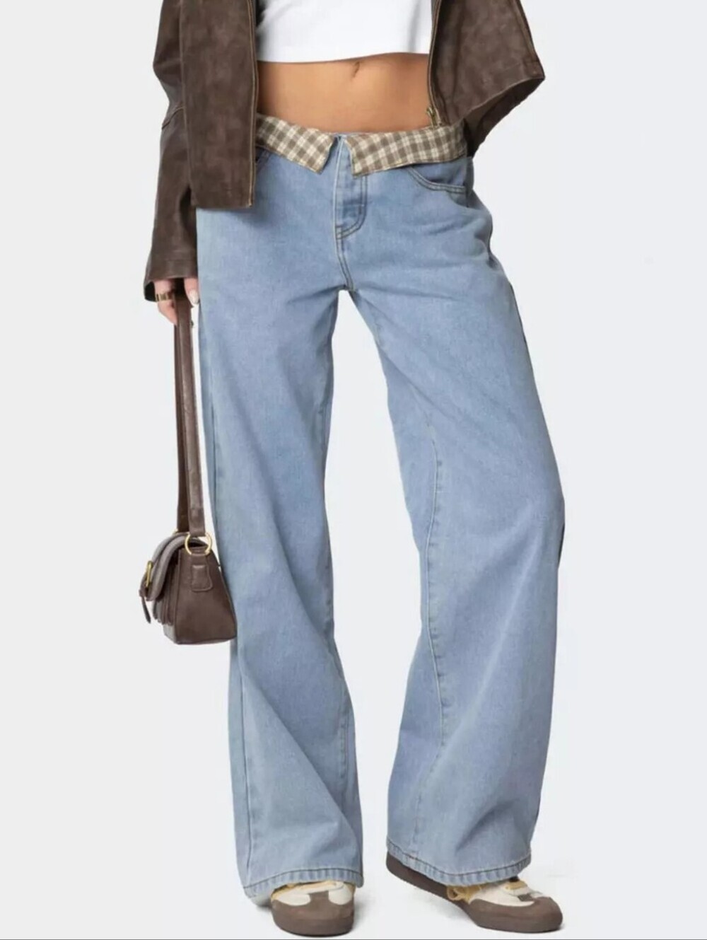 Plaid Trim Wide Leg Jeans